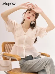 MISHOW [Van Gogh/Sunflower Collection] French Sweet Blouses Summer Puff Sleeve Embroidery Peter Pan Collar Top MXC39X0099