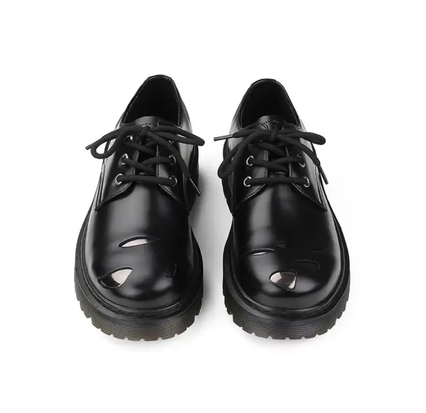 Black Thick heel Platform Shoes Fashion Lace up Leather Gentlemen Derby Shoe