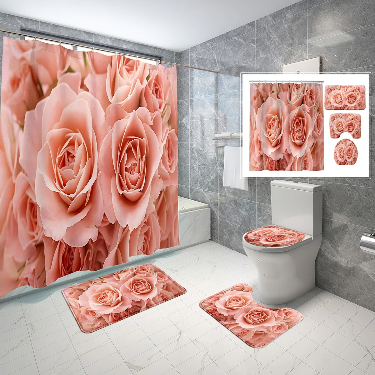 4 Piece Rose Shower Curtain Sets Vector Floral Pattern with Non-Slip Rugs Toilet Lid Cover and Waterproof Shower Curtain Set