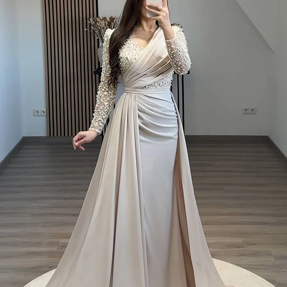 ชุดราตรีแขนยาวประดับมุกนางเงือก ชุดราตรีคอวีหรูหราสั่งตัดได้ งานปักคุณภาพสูง ชุดออกงานสั่งตัดพิเศษ