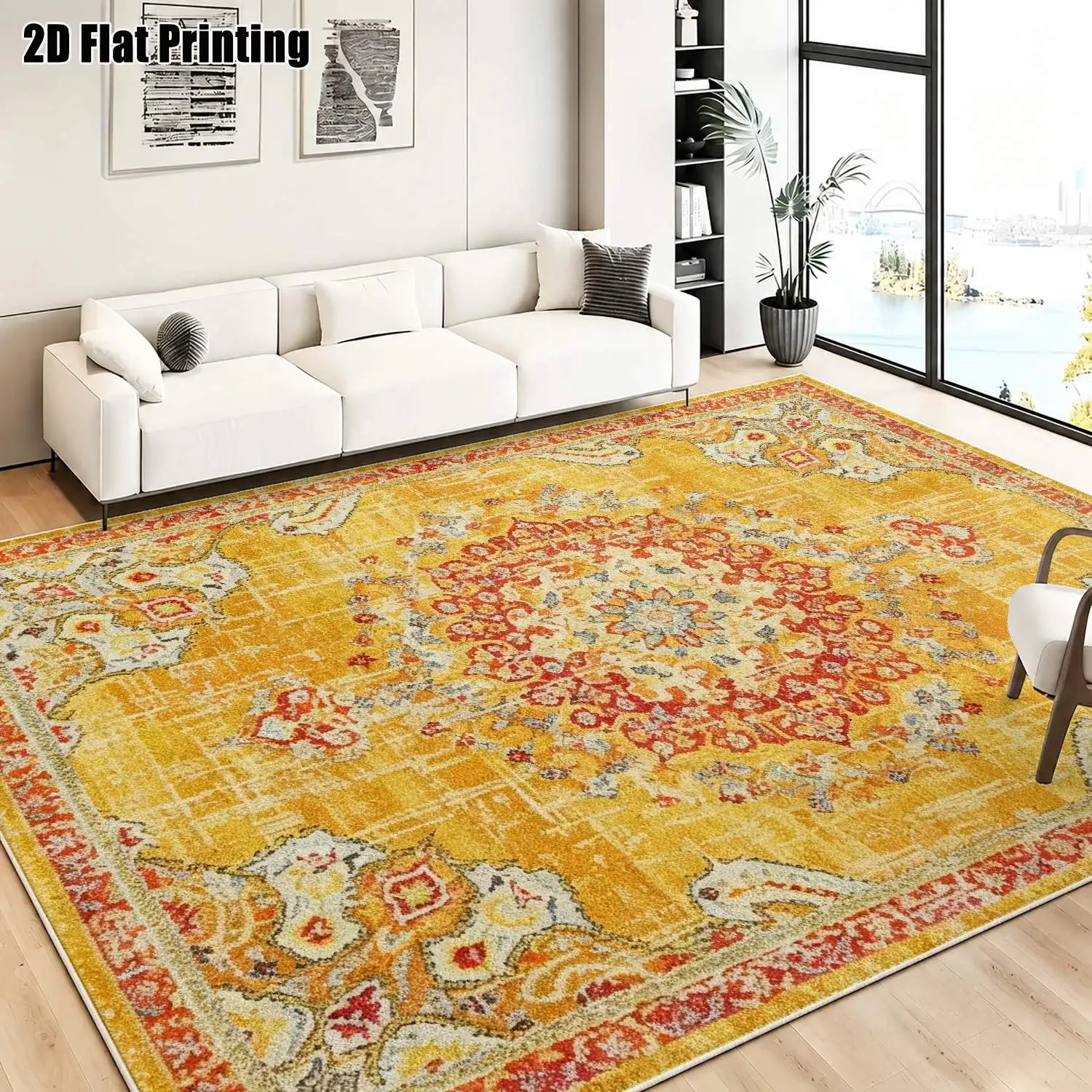 1Pc 2D Printed Retro Yellow Red Floral Velvet Carpet: European Boho Geometric, Multi-Size Machine Washable, for Home Decor, Entrance/Dining/Bedroom/Living Room