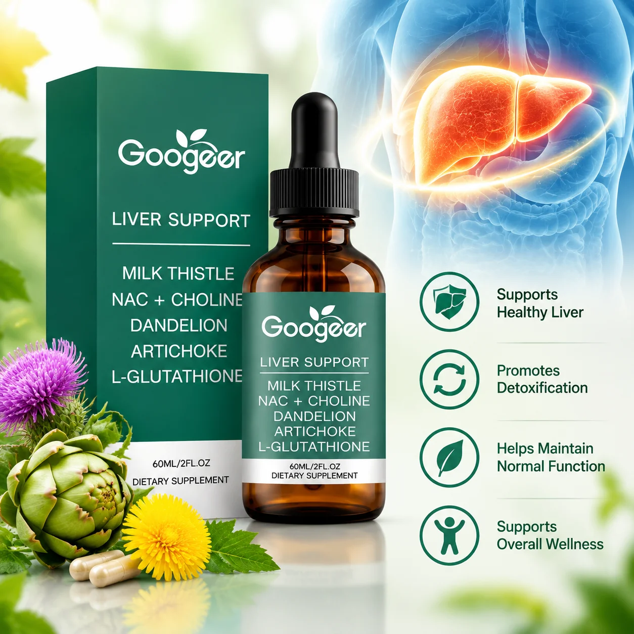 Liver Support Liquid with Milk Thistle Extract, NAC+Choline, Dandelion Extract & Artichoke, L-Glutathione for Adult 60ml