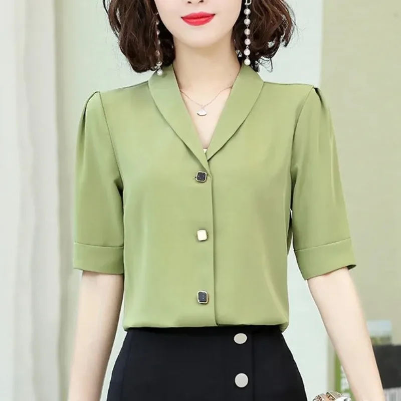 Summer Women\'s Clothing Solid Color Button Lantern Short Sleeveturn-down Collar Chiffon Cardigan Shirt Fashionable Sweet Tops