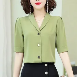 Summer Women's Clothing Solid Color Button Lantern Short Sleeveturn-down Collar Chiffon Cardigan Shirt Fashionable Sweet Tops