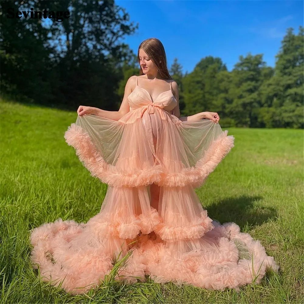 

Sevintage Vintage Flesh Pink Empire Maternity Evening Dresses Tulle Tiered Ruffles Pregnant Woman Gowns Sweep Train Prom Dresses