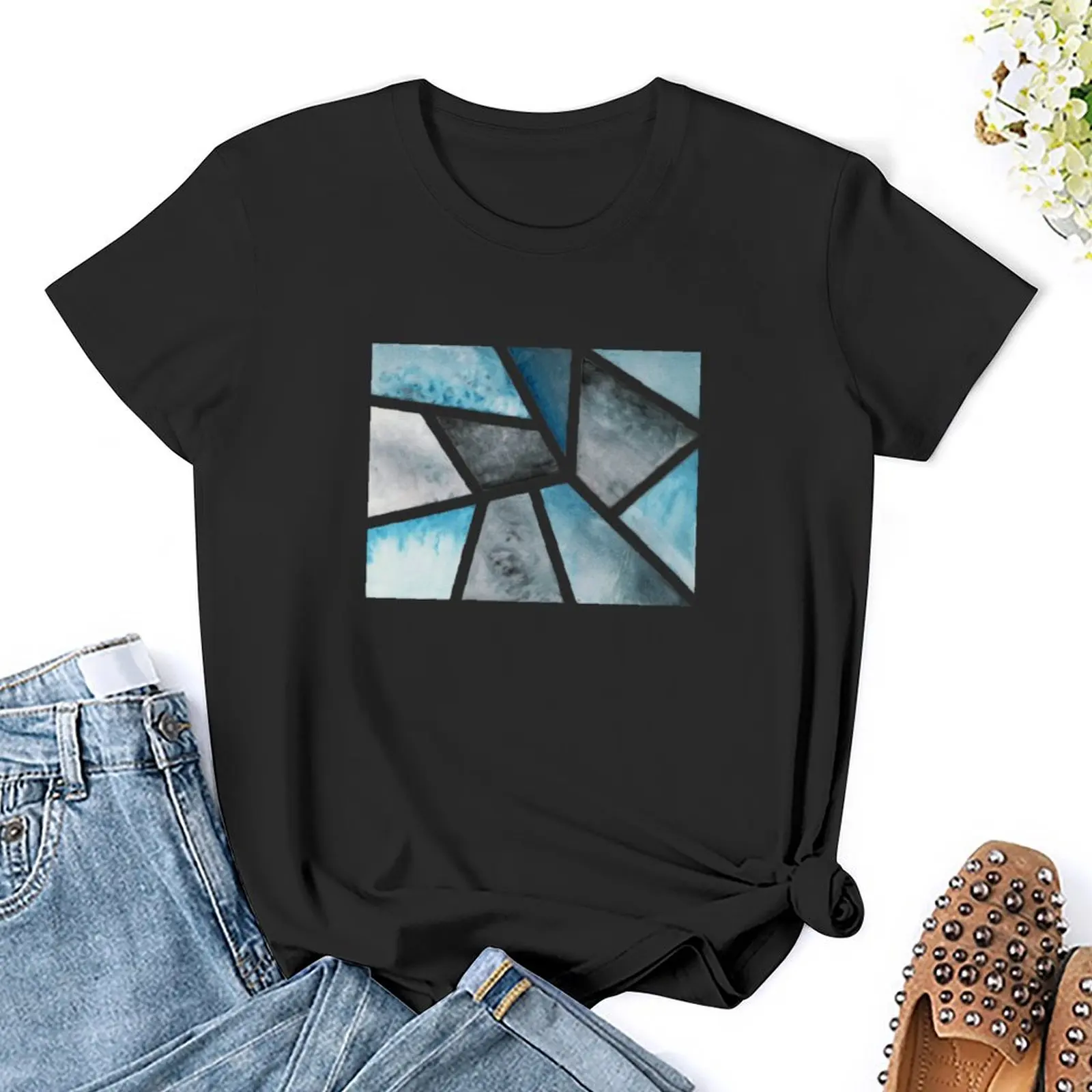 Blue Water Color Geometry T-Shirt Female clothing Blouse Women t-shirts