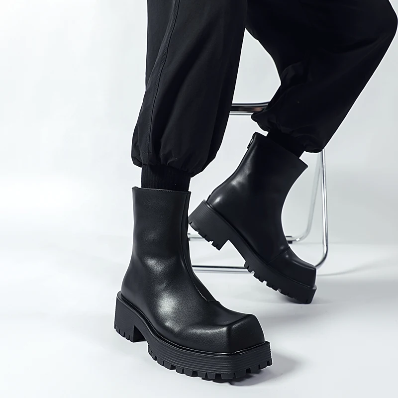 

mens fashion punk rock high motorcycle boots square toe designer shoes cowboy natural leather boot cool long platform botas mans