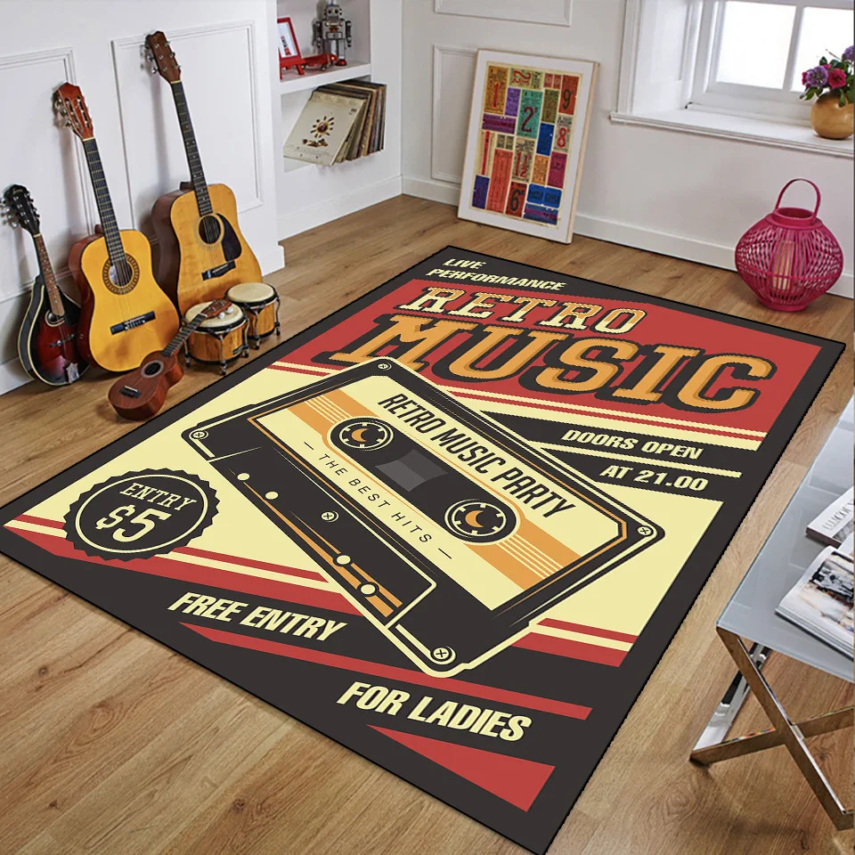 Retro Music Rugs for Bedroom Decoration Vintage Guitar Big 3D Printed Home Carpet Living Room Sofa Table Soft Non-Slip Floor Mat