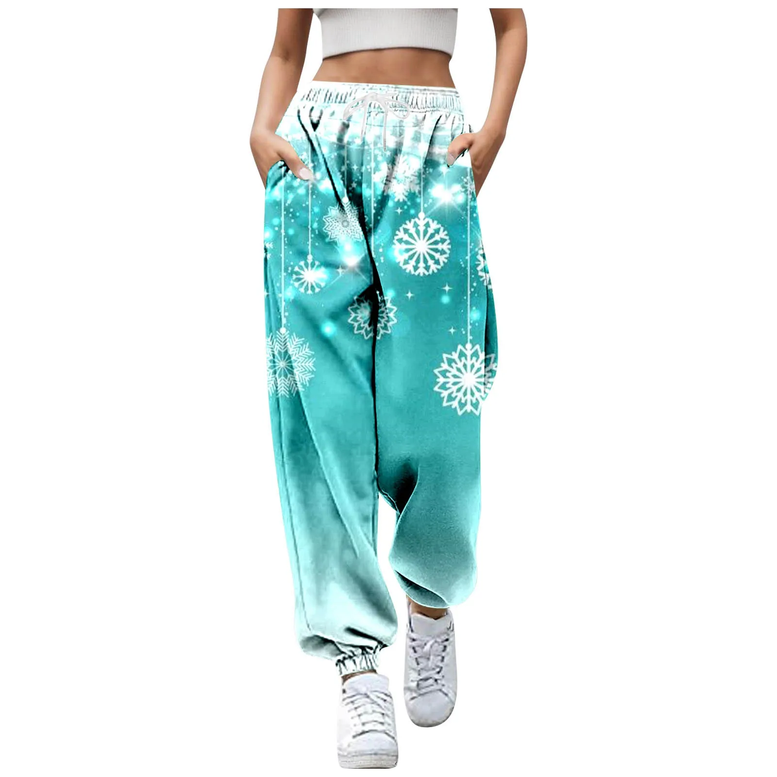 WomWomen's Christmas Printed High Waist Joggers Tie Waist Pockets Pants With Elastic Plaid Pants Casual Women Dress Pants Women