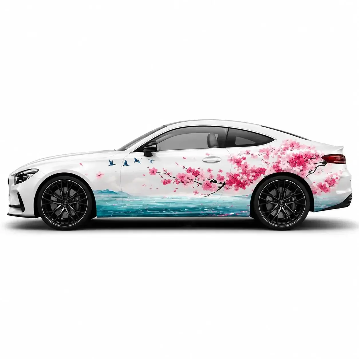 2PCS Car Side Decals Cherry Blossom Vinyl Wrap – Pink Floral Ocean Landscape Auto Body Stickers