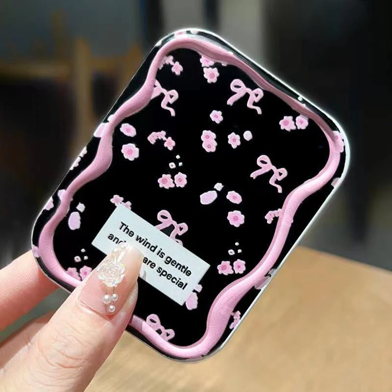 Pink Bow Florals Flip-Top Folding Makeup Mirror Portable Pocket Mirror Women Rectangle Cosmetic Make Up Mirror With Comb