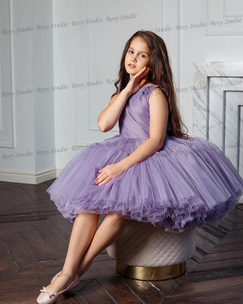 Fashion Lavendel Blume Mädchen Kleid Oansatz Ballkleid Baby Mädchen Geburtstag Party Kleider Tüll Short Dance Kleid Robe de Bal