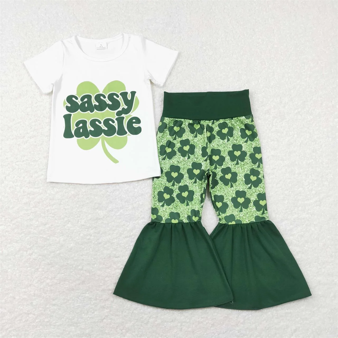 Wholesale Baby Girl St. Patrick's Day Short Sleeves Shirt Toddler Kids Outfit Hearts Clovers Bell Pants Children Green Set