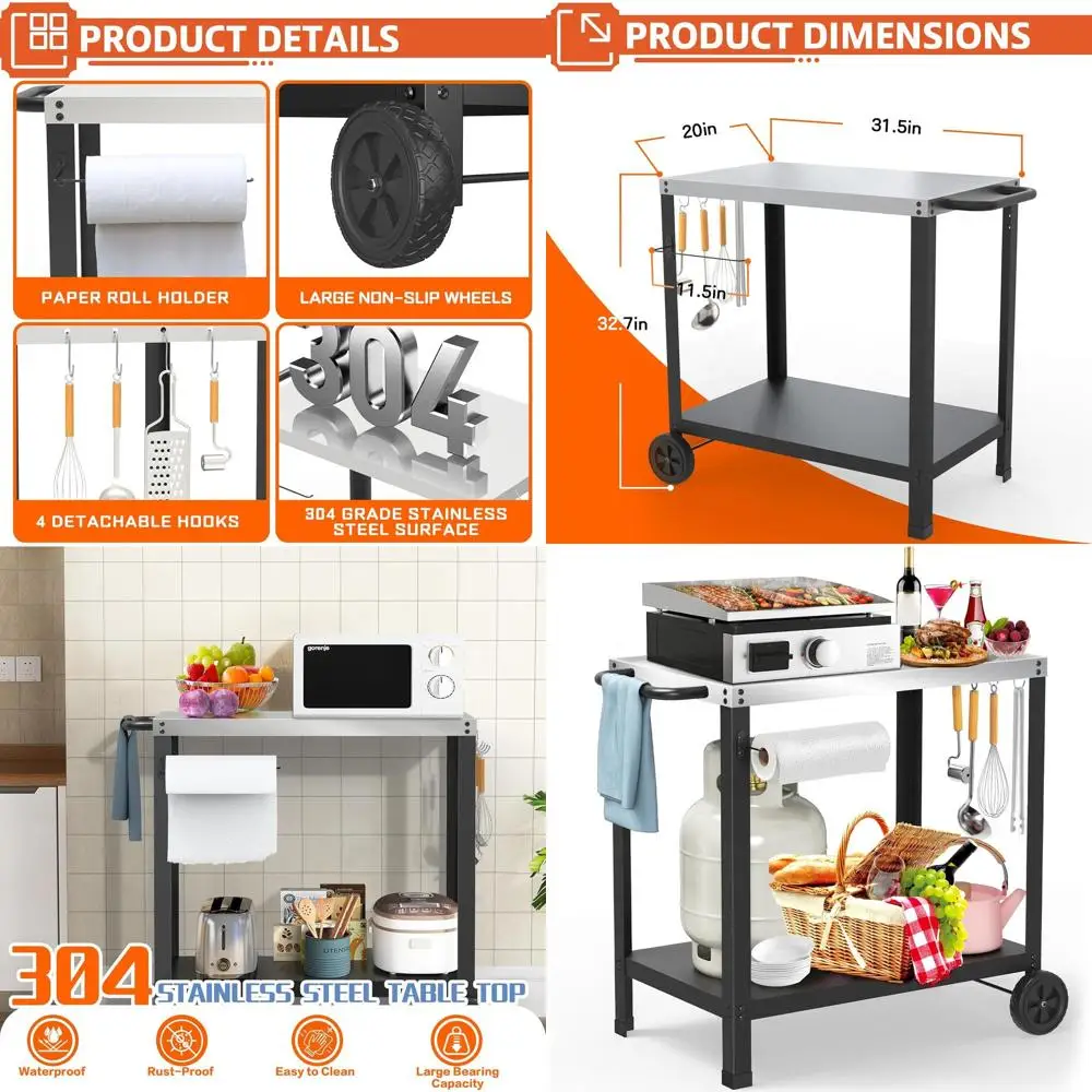 

Stainless Steel Double-Shelf Outdoor Grilling Cart, Portable Patio Pizza Oven Table, Ideal for Blackstone Griddle and Party Food