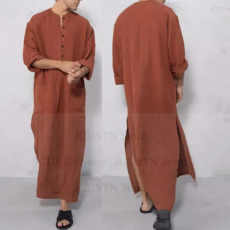 Men's Solid Color Long Sleeve Pockets Robes Men Saudi Arabia Abaya Dress Big Size 3Xl4Xl5Xl Muslim Robes Muslim Kaftan Male
