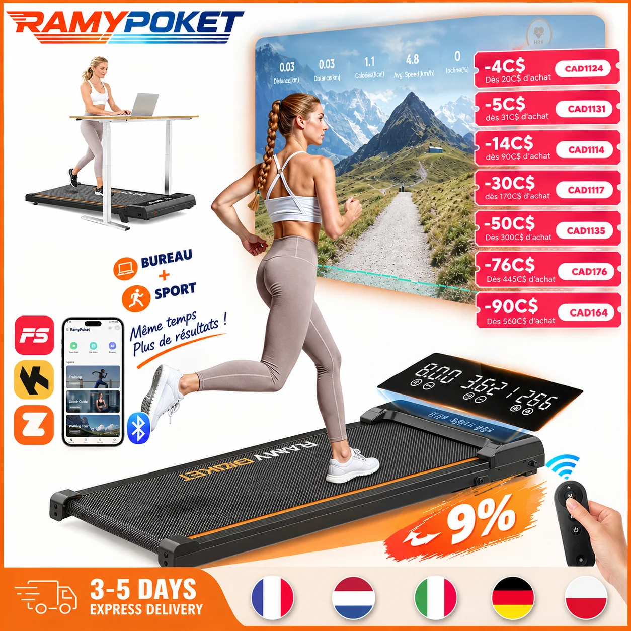 RAMYPOKET Walking Pad Treadmill with 9% Incline APP Control, 3-Window LED 2.5HP Treadmill for Home Office 120KG Capacity 1-8 Km/h Treadmill Running Machine