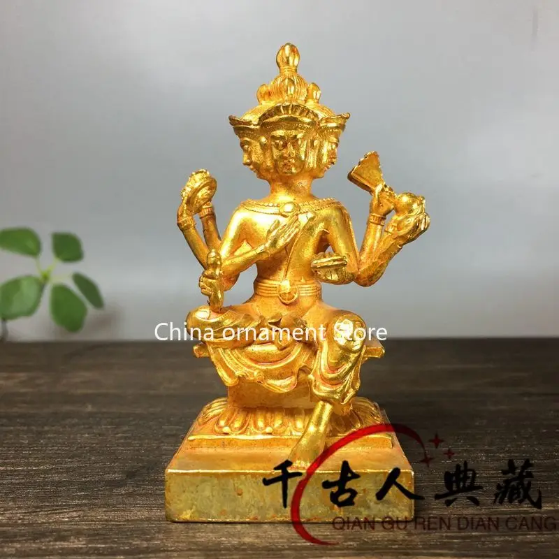 Brass gilt four-sided Buddha tabletop is dedicated to the Thai god, Brahma ornament, antique bronze ware, lucky feng shui decora