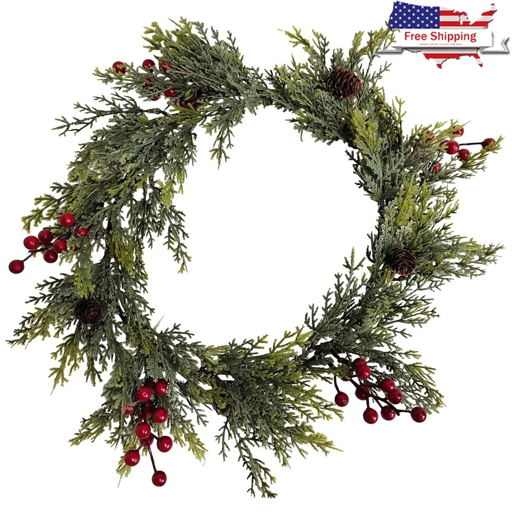 

Artificial Christmas Wreath with Pine Cones and Red Berries 16 Inch Unlit Winter Foliage Indoor Wall Decor
