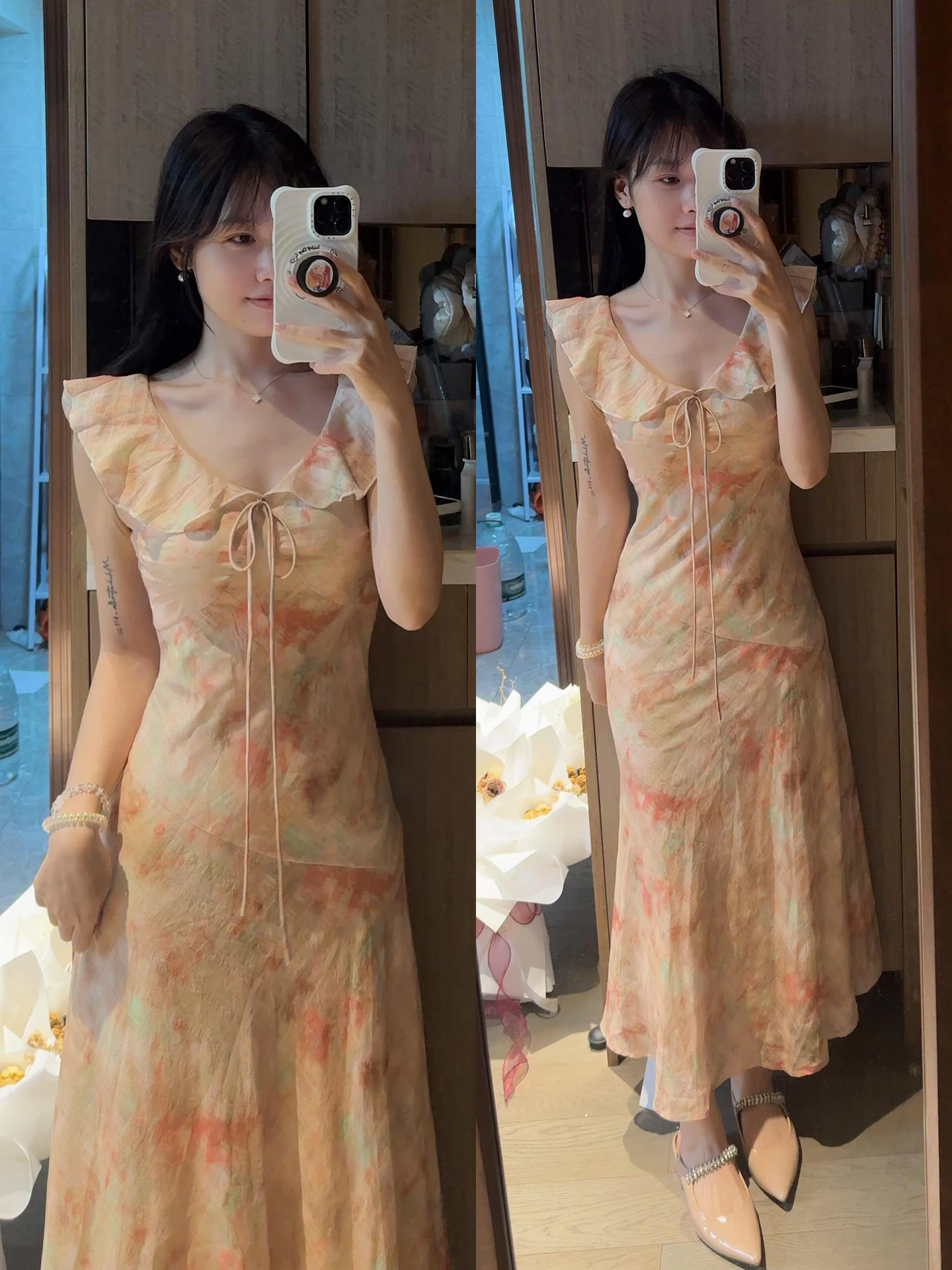 2025년 여름 여성용 부드러운 플로럴 프린트 닥터 롱 A라인 스커트 또는 Sve 하이웨이스트 V넥 캐주얼 스윗 슬레 Kming 브랜드