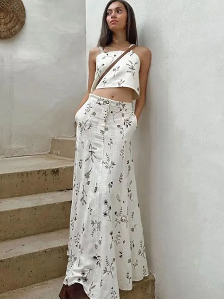 

TRAFZA Summer Women Fashion Elegant Skirt Suits Backless Crop Printed Sleeveless Vest+Drawstring A-Line Skirt Two Pieces Sets
