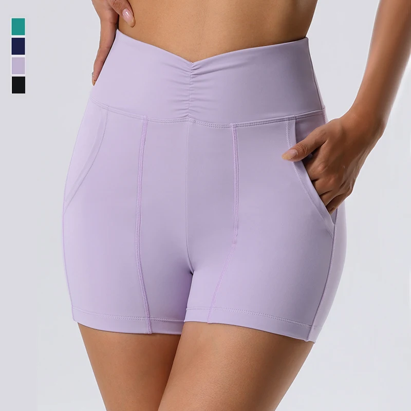 

Summer High Waist Yoga Shorts Women Solid Color Pocket Running Shorts Slim Fit Workout Tights Breathable Quick Dry Sportswear