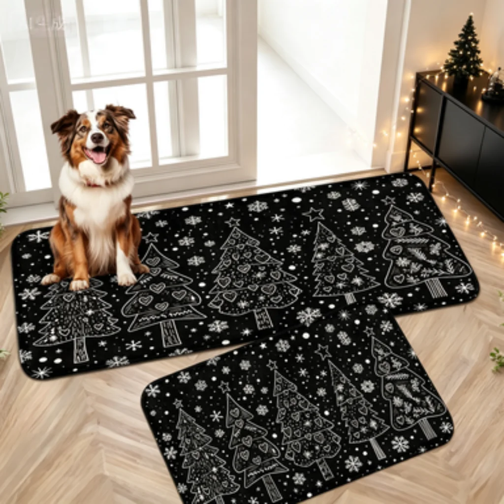 Black Line Christmas Tree Snowflake Mat, Colorful Gingerbread Man Long Runner, Minimalist Warm Winter Christmas Tree Doormat.