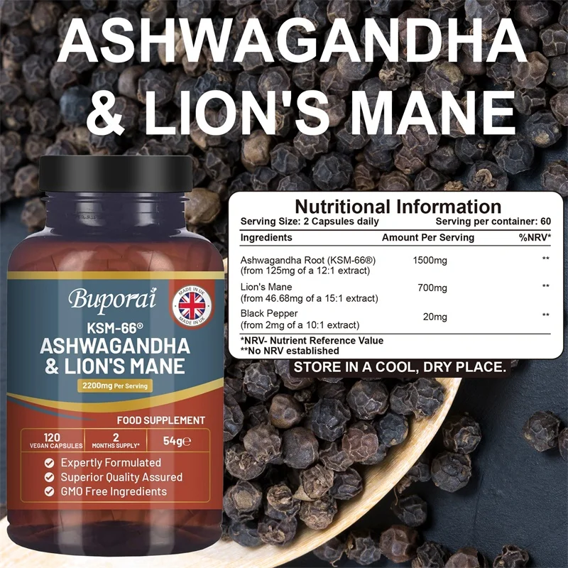 Ashwagandha and Lion’s Mane - Contains Black Pepper To Support Nervous System Health, Boost Energy Production, Immune Function