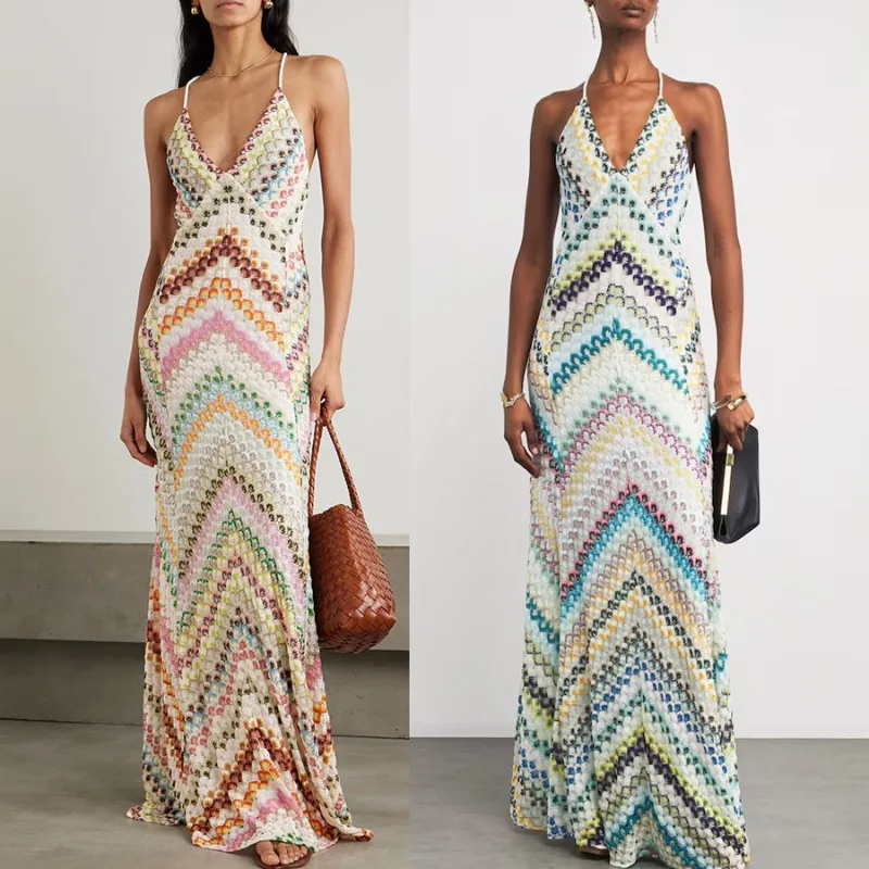 Frühling Sommer Damen Boho Maxikleider Retro Ärmellos Frauen Urlaub Langes Kleid Sexy Tiefer V-Ausschnitt Lässiges Partykleid Streetwear