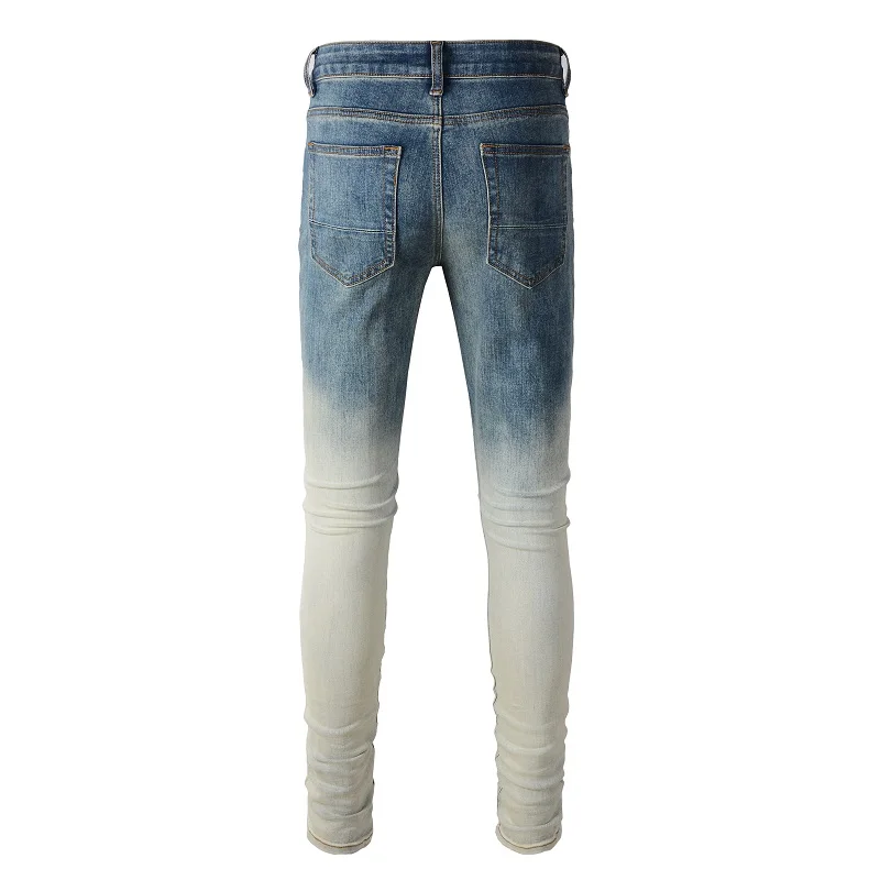 Men Blue Gradient Ripped Skinny Jeans Stretch Washed Distressed High Street Hip Hop Slim Fit Denim Pants Jeans