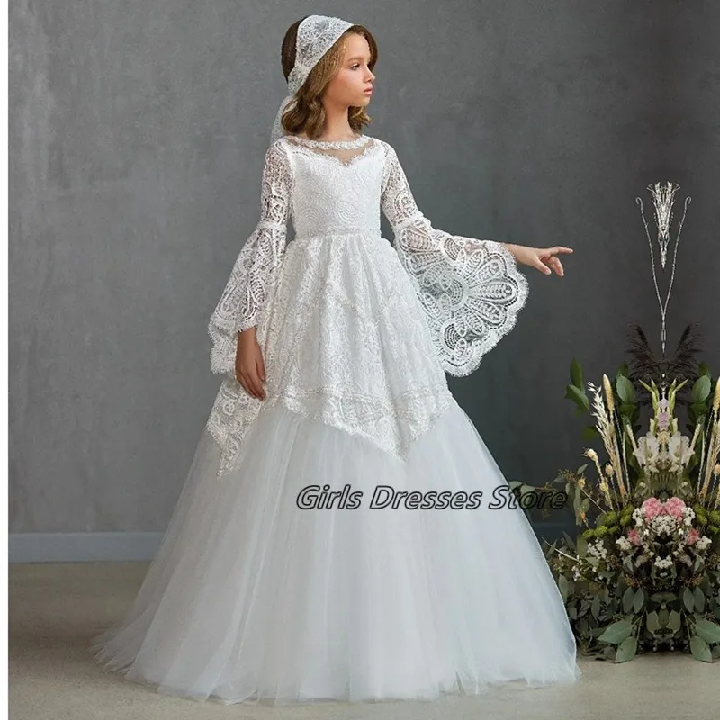 

New White Ivory Elegant Long Flore Sleeve Wedding Party Formal Occasion Lace Flower Girl Dress