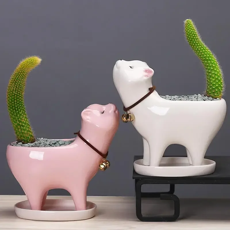 Maceta de cerámica con forma de gato, herramienta para flores de Cactus con cola de mono, planta para balcón interior, gato bonito de dibujos animados