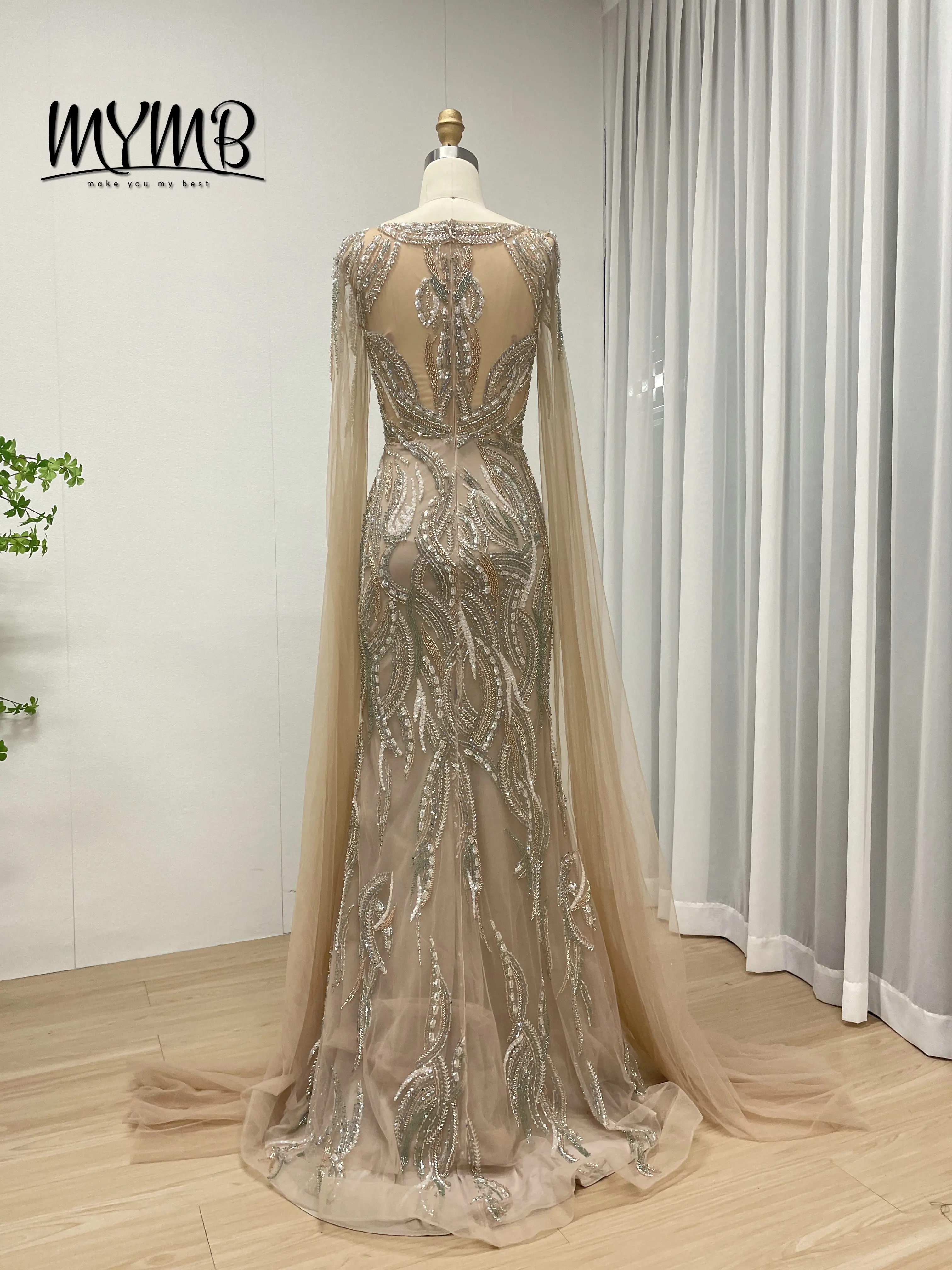 MYMB Venta caliente champán elegante lujo cuello en V exquisito bordado con cuentas mangas largas Vintage sirena vestido de noche MB40321
