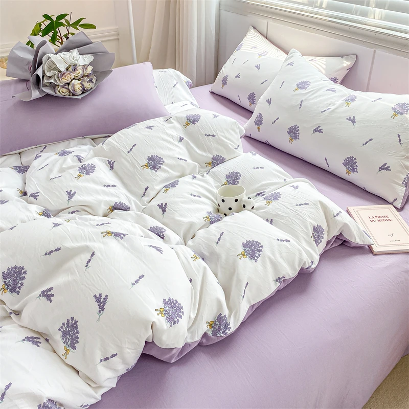 Purple Flower Series Duvet Cover with Flat Sheet Pillowcase Luxury Bedding Set for Woman Girl Bed Linens Home Textiles NO Filler