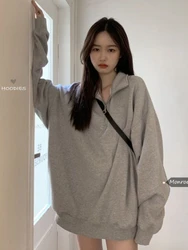 Deeptown Korean Fashion Gray Oversized Sweatshirts Women Harajuku Zip Up Hoodie Vintage Loose Casual Polo Collar Pullover Tops