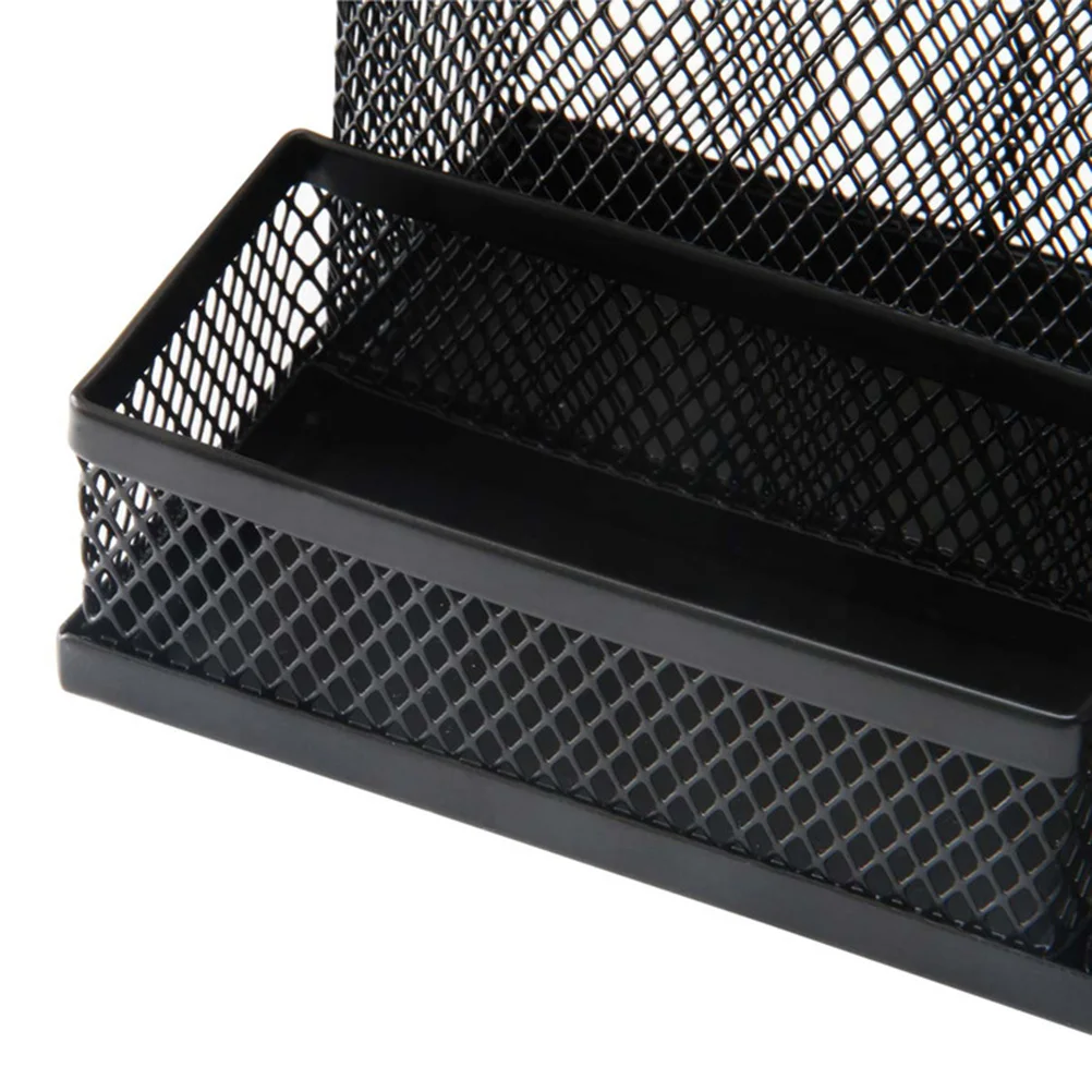

3-in-1 Deask Storage Box Multifunctional Square-shaped Metal Mesh Pen Holder Pen Pencil Container (Black)