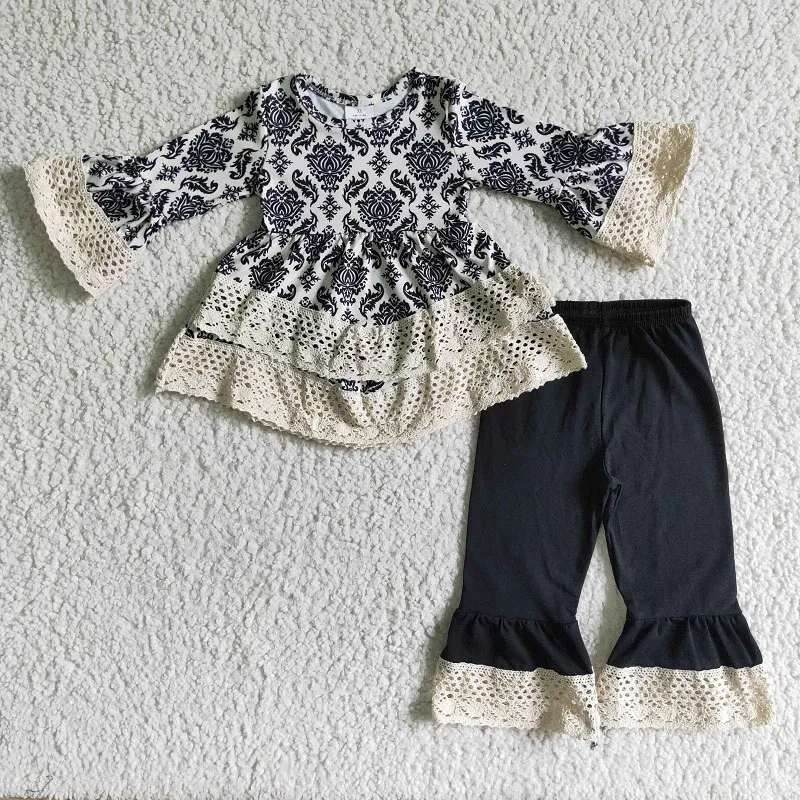 

Toddler Arrivals Spring Fall Fashion Baby Girls Lace Trim Long Sleeve Top Black Trousers Wholesale Boutique Children Outfit