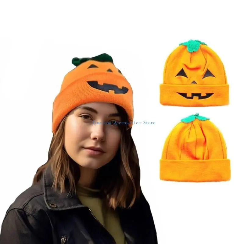 

97QE Halloween Pumpkin Hat for Kids Adult Festival Knitted Hat Punk Hiphop Hat Holiday Celebrations Party Headpiece