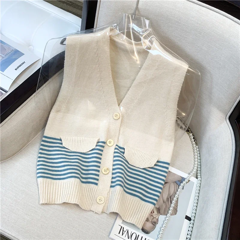 

Winter V-neck Tops Female Vintage Stripe Knitted Sweater Vest Women Clothing Autumn Casual Sleeveless Cardigan Pull Femme 23609