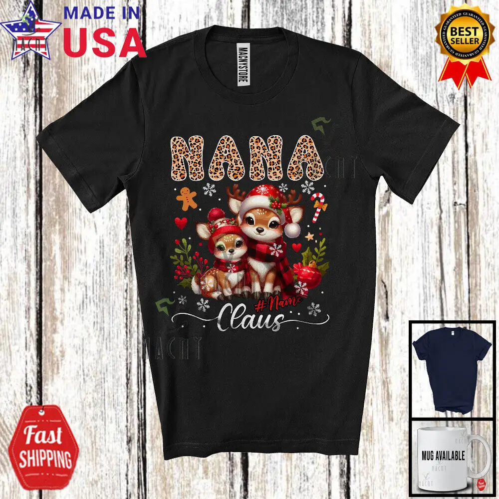 Custom Name Nana Claus; Adorable Christmas Leopard Plaid Reindeer; Family Shirt