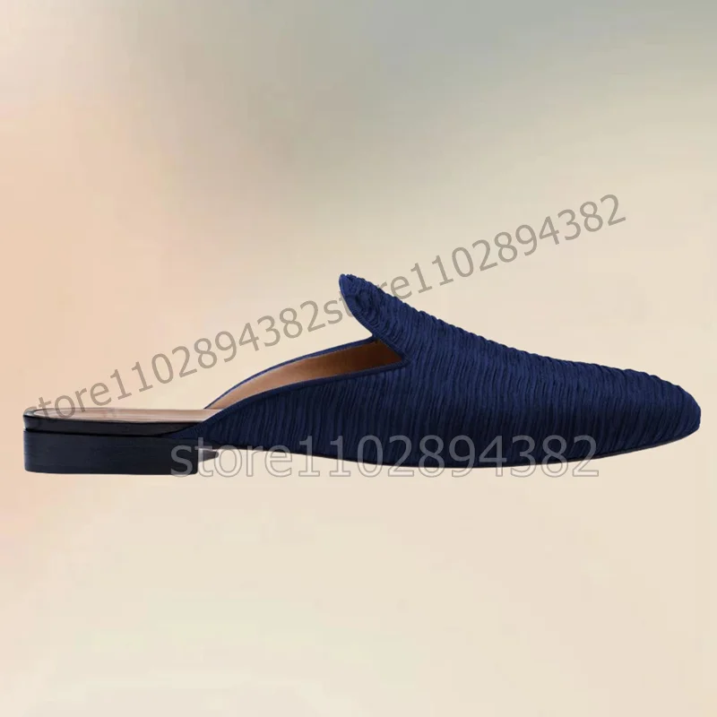 Blue Red Pleated Stripe Design Round Toe Men Slippers Fashion Slip On Men Shoes Luxury Handmade Party Banquet Men Casual Shoes