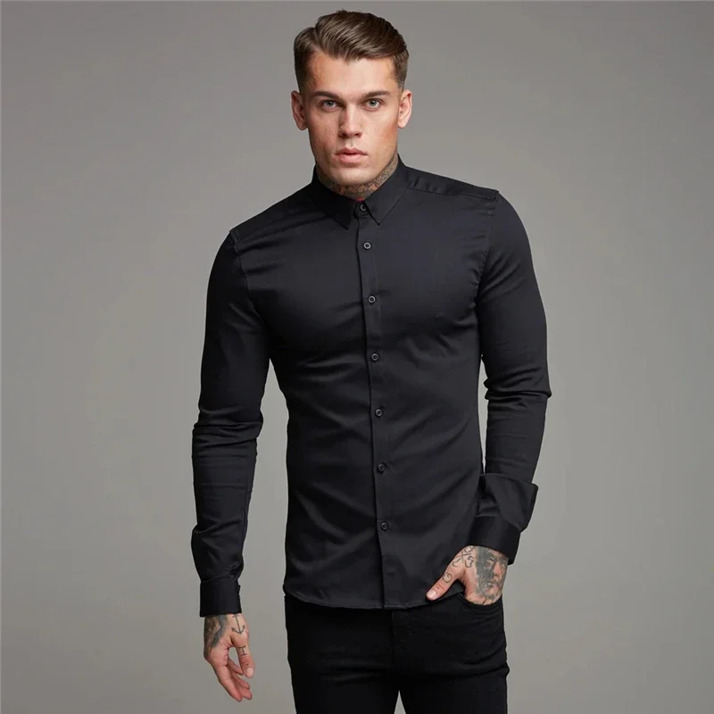 Moda outono camisa de manga longa dos homens sólido super fino ajuste casual negócios sociais vestido camisa dos homens ginásio fitness roupas esportivas