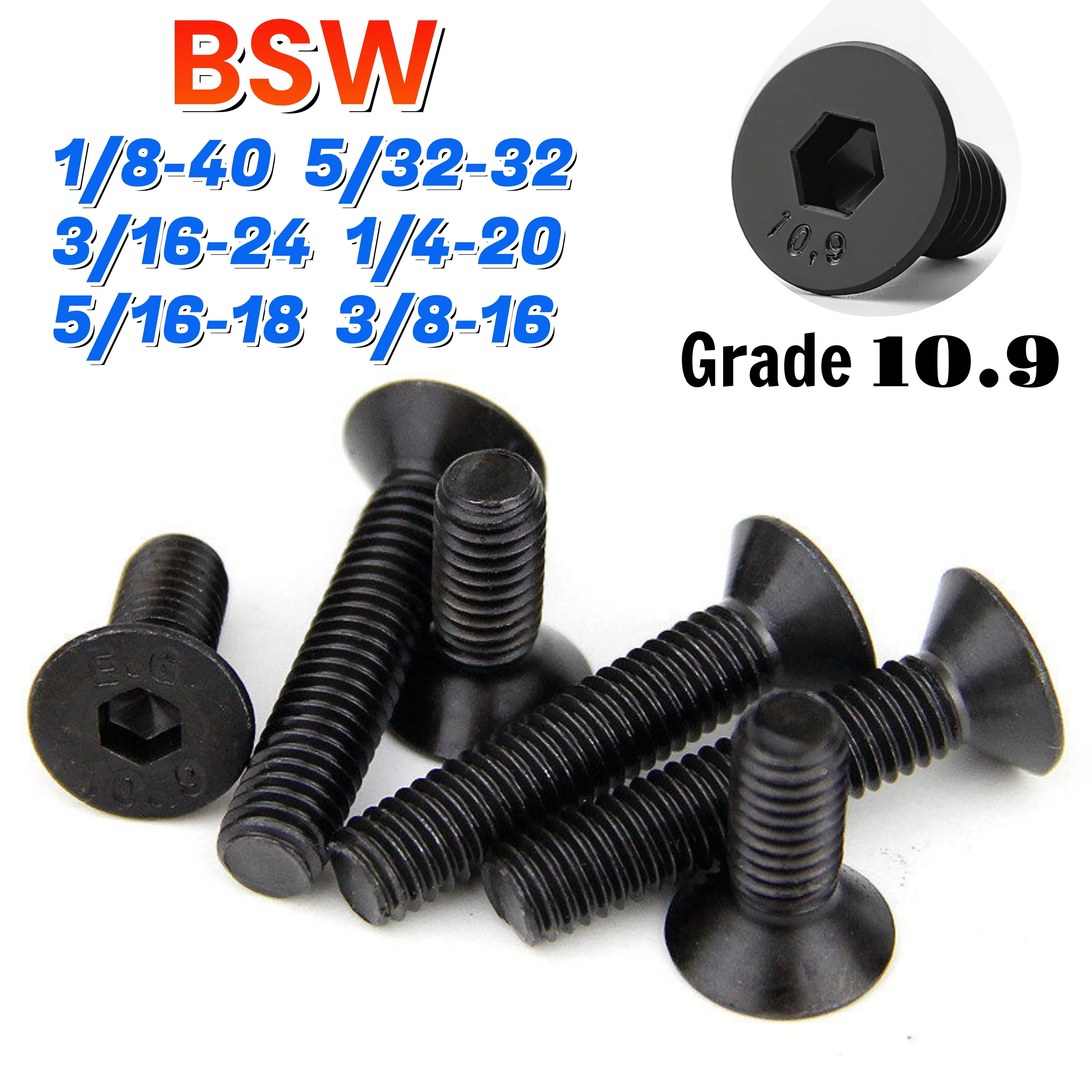 Beicai Bsw British Standard 1/8-40 5/32-32 3/16-241/4-20 5/16-18 3/8-16 Grade10.9 Black Countersunk Hex Socket Screw Allen Bolts