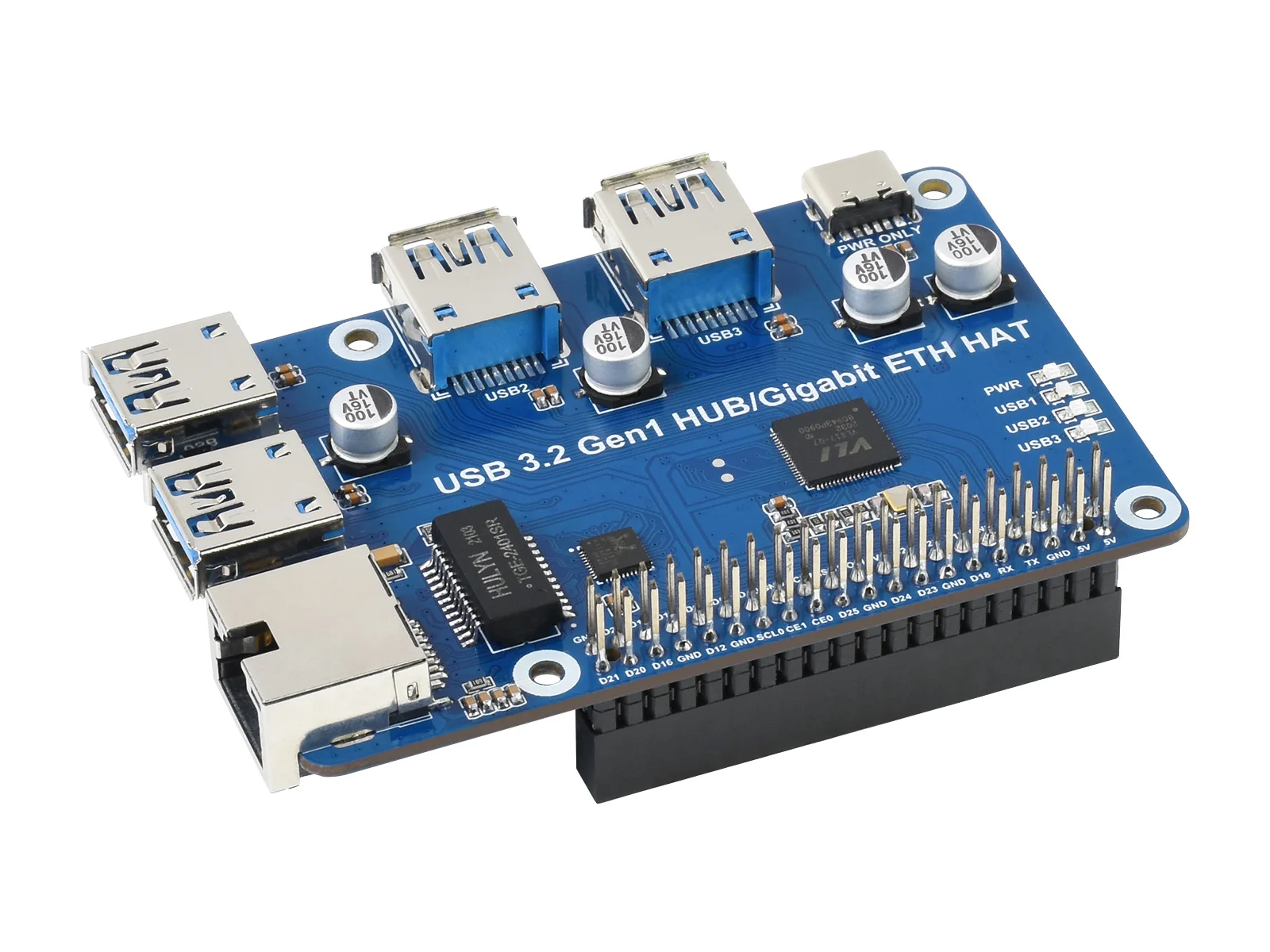 USB 3.2 Gen1 HUB Gigabit ETH HAT,USB 3.2 Gen1 And Gigabit Ethernet HUB HAT For Raspberry Pi, 3x USB 3.2 Gen1,1x Gigabit Ethernet