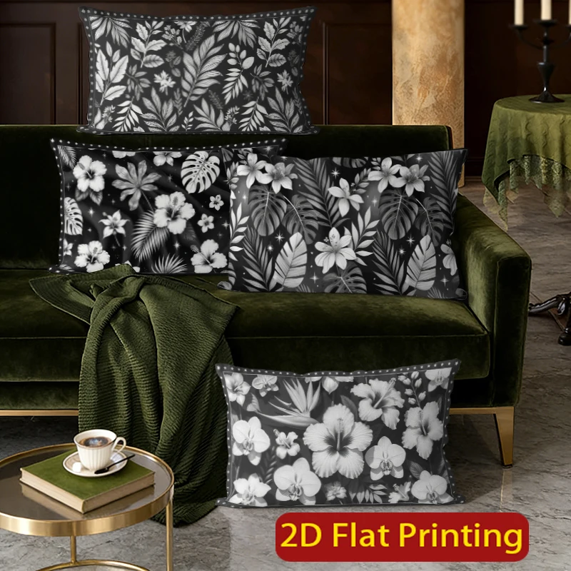 Black Tropical Floral Pillow Covers Suitable For Sofa Bedroom Car Pillow Cover Cushion Rectangular Back Cushion