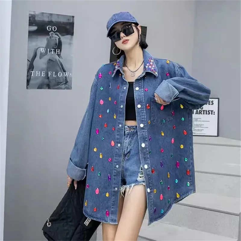 Fashion Diamond Blue Thin Denim Shirt Coat Women Casual Lapel Single-breasted Long Sleeve Jeans Jackets Streetwear Spring New