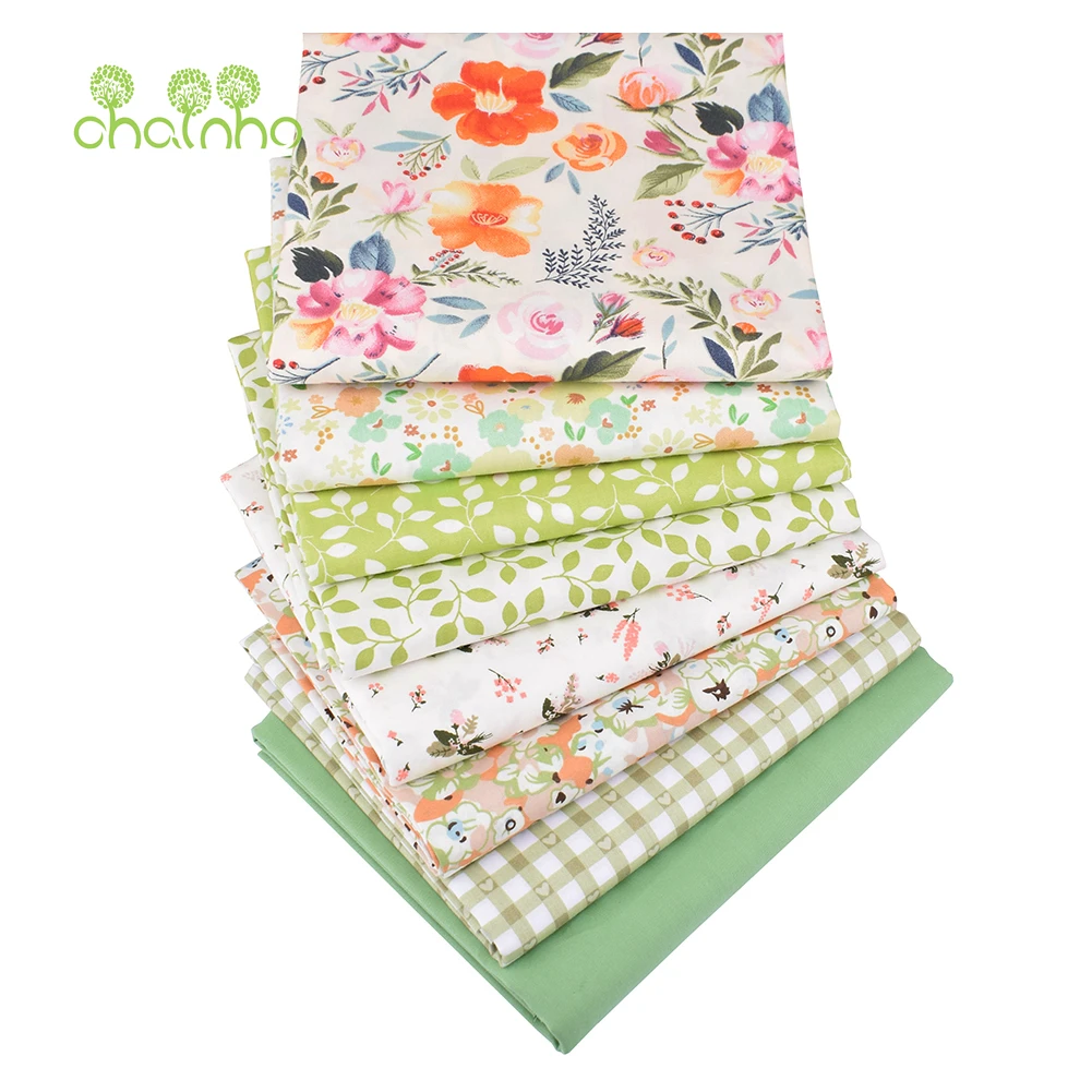 Chainho,Printed Twill Cotton Fabric,DIY Sewing & Quilting Material,Patchwork Cloths,Green Floral Series,8 Designs,3 Sizes,CC076