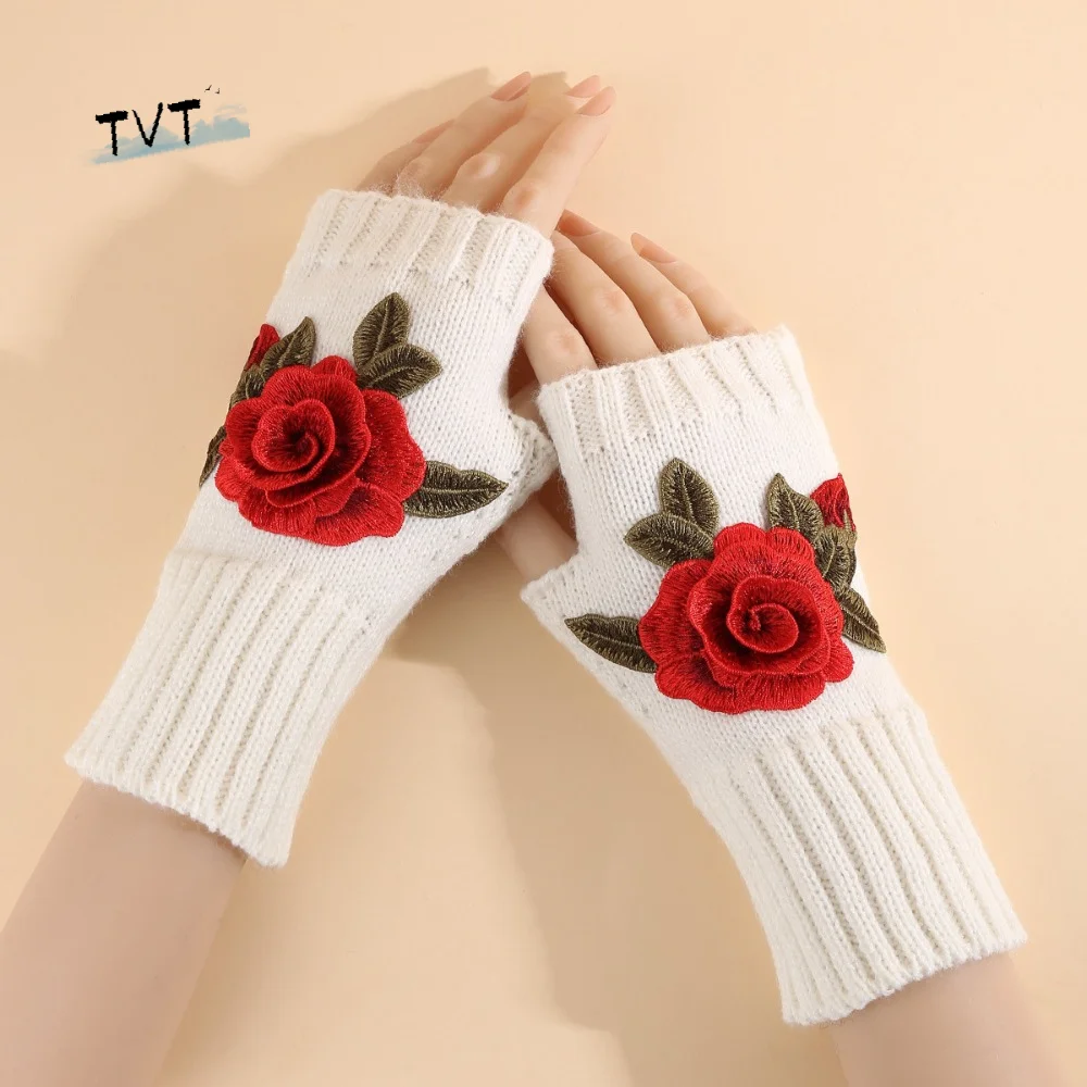 

Vintage Embroidery Knitted Gloves Half Finger Floral Winter Wool Gloves Waterproof Windproof Crochet Flower Mittens Autumn