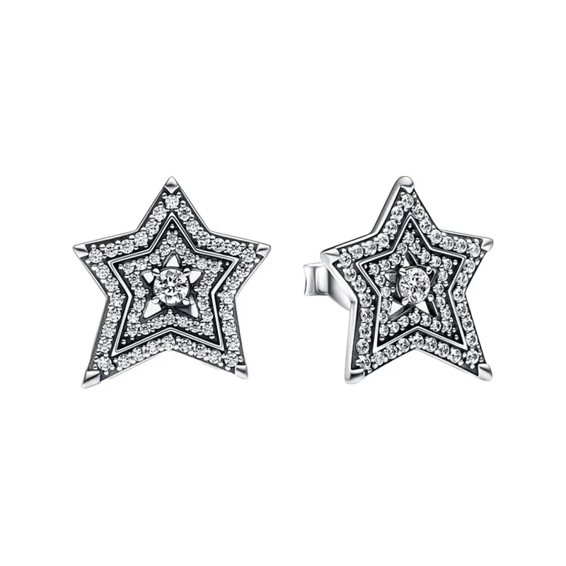 

Winter Celestial Asymmetric Star Ear Piercing Stud Earrings For Women 925 Sterling Silver Jewelry Clear Zircons Starry Night Sky