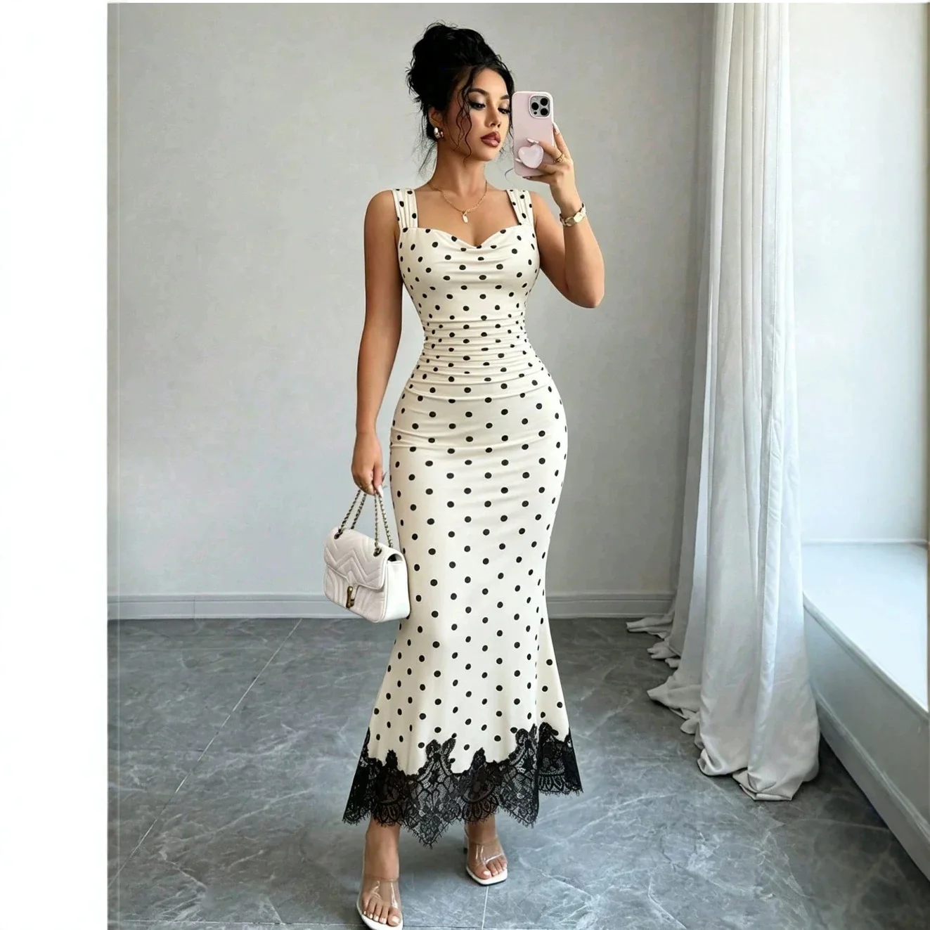 Polka Dot. Halter-neck Mermaid Maxi Clothes With Square. Neckline, Chained Waist, Pleated Design, And Lace Three Luxury Clothing