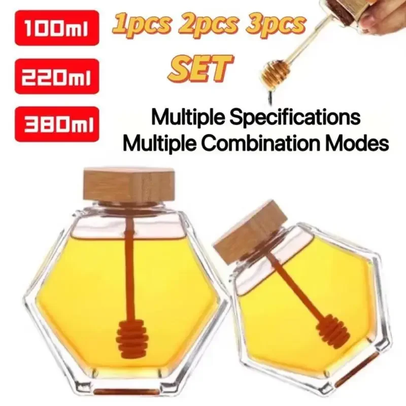 100ml 220ml 380ml Honey Jar with Lid and Spoon 1pcs 2pcs 3pcs Hexagonal Glass Bottle Wooden Stirring Rod Jam Container Kitchen